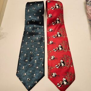KAILONG Tie Men’s Red Panda Bamboo100% Silk Handmade Plus Green Panda Tie 2 Ties